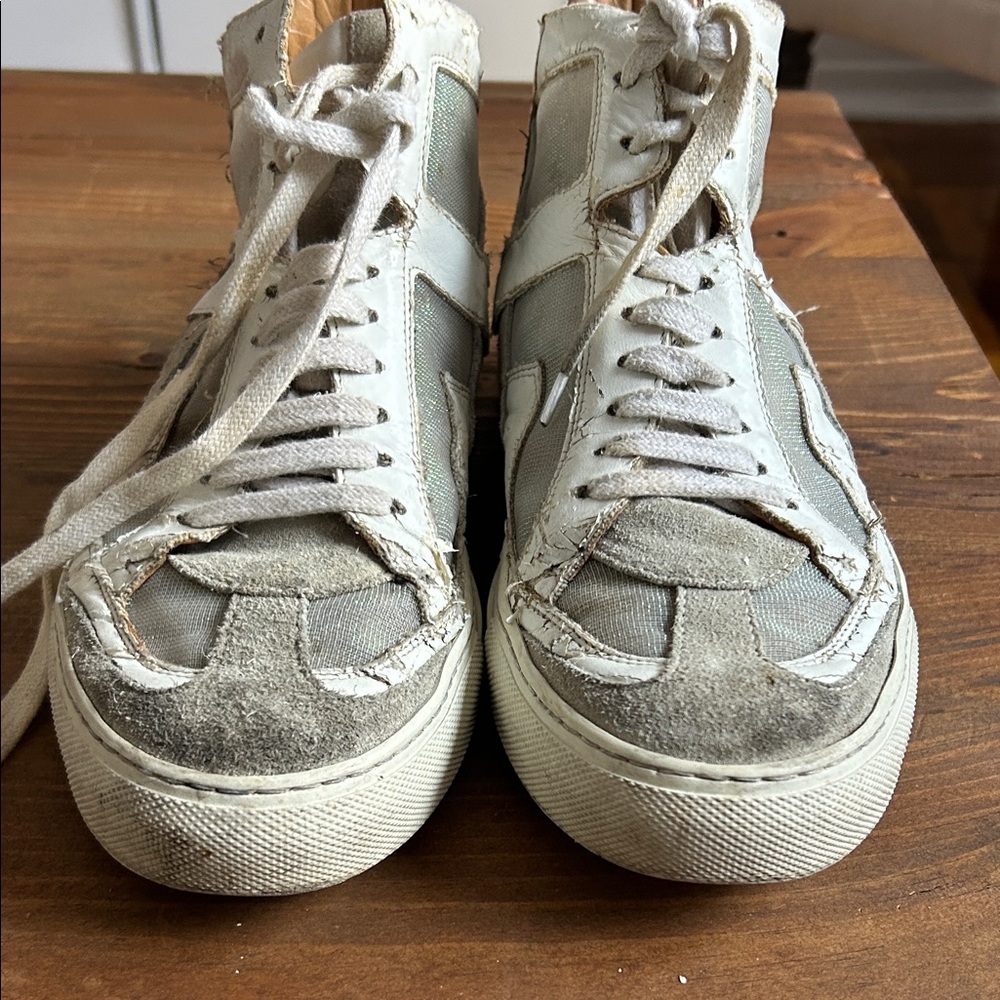 Golden Goose Distressed White and Gray High-Tops leather starting to peel